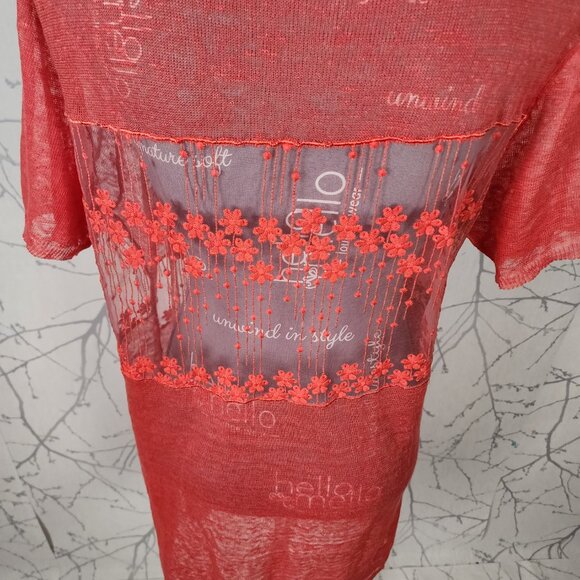 Red Coral Orange 100% Linen Floral Mesh Panel Open Cardigan - Picture 5 of 7